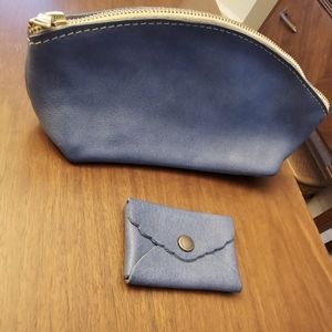 Portland leather goods makeup bag and card holder in denim smooth leather